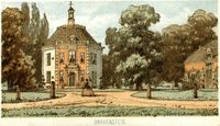 Gezicht op de voorgevel van kasteel Drakenstein met omringend groen te Lage Vuursche (gemeente Baarn) uit het westen in 1865. Bron: Het Utrechts Archief, catalogusnummer: 602786.