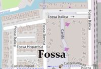 Plattegrond van de noordewestelijk kwadrant van Houten Castellum de buurt Fossa (gracht) met straatnamen als Fossa Italica, Fossa Hispanica, Fossa Iberica en Cardo. Kaart: Openstreetmap.org (NL).