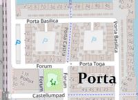 Plattegrond van de noordoostelijke kwadrant van Houten Castellum buurt Porta. Kaart: Openstreetmap (NL).