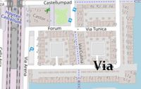 Plattegrond van de zuidoostelijke kwadrant van Houten Castellum buurt Via (weg). Met straatnamen als Forum, Via Tinuca, Via Culina, Via Horta en Via Arena. Bron: Openstreetmap.org (NL).
