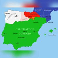 Deze kaart toont het kalifaat van Cordoba ca. 1000 tijdens de regering van Al-Mansur. Bron: Wikipedia Al_Andalus.png.