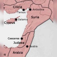 Vanaf 135 na Chr. is het hier apart getekende Judaea onderdeel van Syria. Bron: Wikimedia Commons.