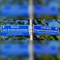 Straatnaamborden op de kruising van de Bosch van Drakesteinlaan (links) naar het westen en (rechts) naar het Lodewijk Napoleonplantsoen in de Utrechtse wijk Tolsteeg Noord in juni 2021. Foto: Sander van Scherpenzeel.