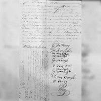 Handtekeningen van koper: Paulus Willem Bosch van Drakestein en verkopers op dinsdag 7 november 1826 ten overstaande van de Baarnse notaris Frans Pen onder de aankoopakte van de Hooge Woning. Bron: Archief Eemland, 0443, 342.
