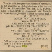Overlijdens bedank advertentie na het overlijden van Jhr. Paulus Jan Bosch van Drakestein. In de krant van dinsdag 28 augustus 1894. Bron: Delpher.nl.