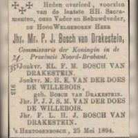 Overlijdens advertentie met berichtgeving van het overlijden van Jhr. Paulus Jan Bosch van Drakestein op vrijdag 25 mei 1894. Bron: Delpher.nl.