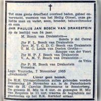 Overlijdensadvertentie van Jhr. Paulus Jan Bosch van Drakestein (1901-1955) uit november 1955. Bron: Delpher.nl.