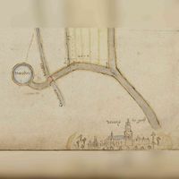 Fragment van de tot nu toe oudst bekende kaart van de Koningsweg met Koppeldijk en Kovelaarsbrug uit 1595. Utrecht beneden is het noorden. Bron: Het Utrechts Archief, 222, 328, 1.v