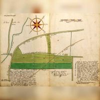 Kaart uit het kaartenboek van het Utrechtse kapittel van St. Marie met de landerijen ten zuiden van Utrecht in Tolsteeg in 1630. Links de Kovelaarsbrug en de Kattestaart. Bron: Het Utrechts Archief, 221, 945, fol. 25 en 26.