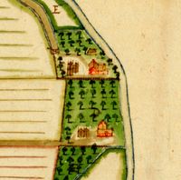 Fragment uit de kaart ui het archief van het Utrechtse kapittel van Oudmunster met boven boerderij De Grote Kuil (west) en onderaan boerderij De Kleine Kuil (oost) in 1643. Bron: Het Utrechts Archief.