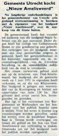 Krantenknipsel uit het Gereformeerde Gezinsblad van 16 april 1964 over de verkoop van landgoed Nieuw-Amelisweerd aan de gemeente Utrecht. Bron: Delpher.nl.