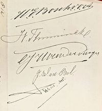 Handtekeningen van o.a. Jhr. Willem Eugene Bosch van Oud-Amelisweerd notaris uit Utrecht en andere lieden die in 1896 hun handtekening onder de verkoopakte zetten voor de verkoop van de landerijen van/en hofstede De Koppel. Bon: Het Utrechts Archief, 34-4, U330p028, aktenummer: 3949.