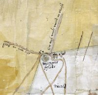 Detail van een kaart uit 1619, opgemaakt in het kader van een grenscorrectie tussen Holland en Utrecht, met de ronde heuvel die als grensmarkering diende. Rechts daarvan de toendertijd als boerderij gebruikte 'Waraers hofste'. Het huis Drakestein en het dorp Lage Vuursche moesten nog worden gebouwd. Bron: Nationaal Archief te Den Haag, VTH, 2582 (detail).
