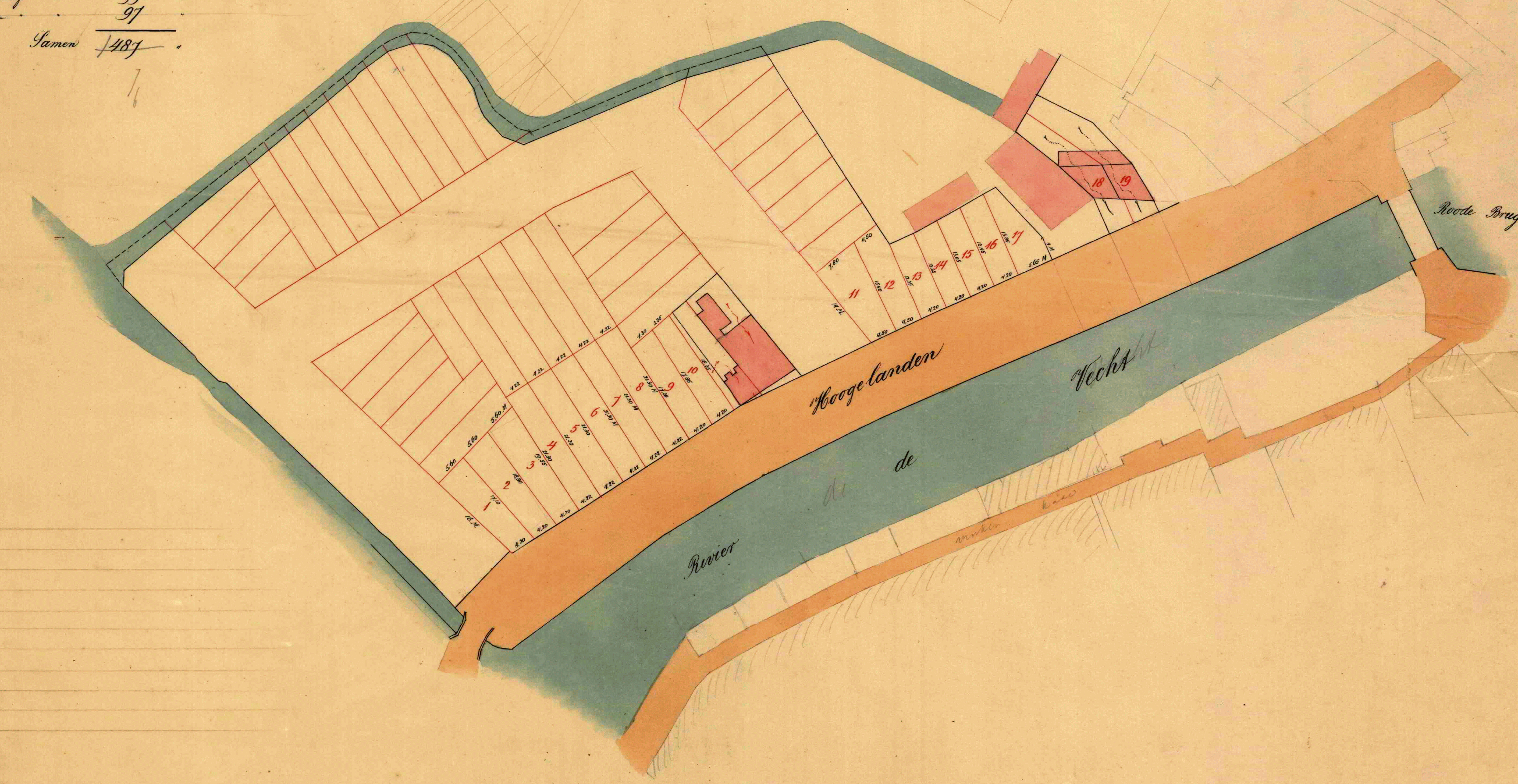 In de zomer van 1897 koopt de gemeente Utrecht al een eerste perceel in Ondiep aan van het vroegere Chartroise. Perceel Lauwerecht B17, groot 1 Hectare, 65 Are en 20 Centiare voor f. 25.000-, en Lauwerecht B315, groot 2 Hectare, 27 Are en 10 Centiare ook voor een bedrag van f. 25.000-, gulden van Jhr. mr. Willem Jan Marie Bosch van oud-Amelisweerd. In het najaar van het jaar 1904 koopt de gemeente utrecht een terrein aan van Jhr. mr, W.E. Bosch van Oud-Amelisweerd. gelegen tussen de Laan van Chartroise en de Amsterdamsestraatweg groot 5108 m2. voor een bedrag van f. 10.216-, gulden. Kort na de aankoop zou Utrecht twee scholen op het terrein bouwen. De kaart de rivier de Vecht met rechts een intekening van de Rode Brug. Links een te bouwen woonwijk op de grond van familie Bosch van Oud-Amelisweerd. Bron: Delpher.nl, Kadasterarchiefviewer (1832-1987), HUA, 34-4 U339a030, 30-12-1905.