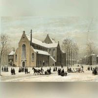 Gezicht op het besneeuwde Janskerkhof te Utrecht uit het zuidwesten, met rechts op de achtergrond het Hotel des Pays Bas in 1859-1860. Bron: Het Utrechts Archief, catalogusnummer: 135060.