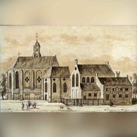 Gezicht op de Janskerk aan het Janskerkhof te Utrecht uit het noorden in 1710-1730. Bron: Het Utrechts Archief, catalogusnummer: 37208.