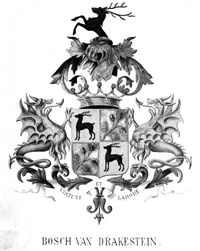 Het originele wapen van familie Bosch van Drakestein in zwart-wit. De wapenspreuk van de familie is 'Virtute et Labore', dat is het Latijns voor 'door deugd en arbeid'. Bron: Het Utrechts Archief 635 39.