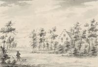 Gezicht op het huis Klein Amelisweerd tussen Utrecht en Bunnik in 1729. Naar een tekening van L.P. Serrurier. Bron: Het Utrechts Archief, catalogusnummer: 201057.