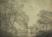 Gezicht op de brug over de Kromme Rijn ter hoogte van het huis Nieuw-Amelisweerd bij Bunnik tussen 1812 en 1816. Bron: Het Utrechts Archief, catalogusnummer: 210063.