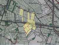 Landerijen behorend bij boerderij Den Hoed aan de Belcampostraat 6 - 8 in 1832 te Vleuten. Landerijen in het doorschijnend geel, behorend bij Den Hoed. Kaart uit ca. 1880-1900. Bron: HISGIS Utrecht.