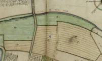 Het land genaamd &#039;den Dell&#039;, bij de Kapelbrug naast de Blauwkapelseweg en Biltse Grift. Fragment uit een kaart uit 1606. Daarop aangegeven de landerijen van het kapittel van St. Jan. Bron: Het Utrechts Archief 222 328 39.
