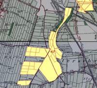 De gronden in geel gearceerd die lagen in de vroegere ambachtsheerlijkheid de Grote en de Kleine Koppel opgenomen naar de kadasterkaart van 1 oktober 1832. Het huidige Utrecht Lunetten waar heden de rijkswegen A12 en A27 langs lopen. Bron: HISGIS Utrecht.