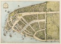 Lower Manhattan in 1660, toen onderdeel van Nieuw-Amsterdam. John Wolcott Adams (1874–1925) and I.N. Phelps Stokes (1867–1944) - New-York Historical Society Library, Maps Collection. Bron: https://nl.wikipedia.org/wiki/New_York_(stad).