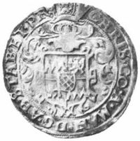 Een halve rijksdaalder uit 1570. Zoals Gerard Munnicks van Cleeff deze tot 1860 in zijn muntenkabinet had. De afgebeelde 1/2 rijksdaalder uit 1570 is een voorbeeld gevonden op internet (2).