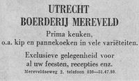 Advertentie van restaurant Mereveld aan de Mereveldseweg 2 uit de jaren zestig van de twintigste eeuw.