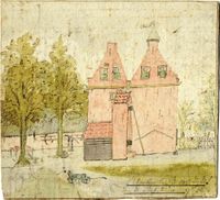 Gezicht op de zijgevel het huis Oostbroek, een van de gebouwen van het voormalige klooster van die naam bij De Bilt, met links op de achtergrond de zijgevel van de boerderij, uit het oosten op Zo. 17-06-1786. Bron: HUA, 202014.