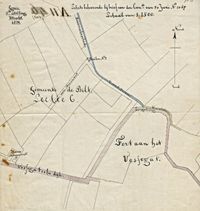 Kaart van het Genie van Utrecht met de landerijen in de omstreken Fort Vossegat, gelegen ten noorden van Maarschalkerweerd en Nieuw-Amelisweerd op een deze kaart uit 1874. Bron: Het Utrechts Archief, 1007-2.