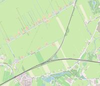 Het dorp Geverscop (noord) en Breudijk (gehucht) ten noorden van Harmelen anno 2021. Van links naar rechts de spoorlijn van Gouda naar Utrecht en van links naar rechtsboven de spoorlijn vanaf Woerden naar Breukelen/Amsterdam. Bron: Openstreetmap (NL).