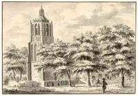 Gezicht in Houten met de toren van de Nederlands Hervormde kerk in 1729 naar een tekening van L.P. Serrurier. Bron: Het Utrechts Archief, catalogusnummer: 200569.