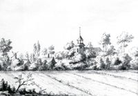 Het kerkje van 't Waal in 1729 naar een tekening van L.P. Serrurier gemaakt met Oost-Indische Inkt. Bron: Het Utrechts Archief, Topografische Atlas, nr. 1038.