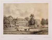 Gezicht vanuit het zuidwesten over de Kromme Rijn, met jaagpad, op de voorzijde van huis Oud-Amelisweerd te Bunnik in 1869 naar een litho door J.D. Steuerwald naar P.J. Lutgers. Bron: Regionaal Archief Zuid-Utrecht (RAZU), 084, 57404, 55.