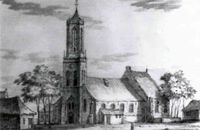 Reconstructietekening van de N.H. Kerk in het Oude Dorp van Houten (Lobbendijk 1) naar de hand van J. Stellingwerf van hoe hij dacht dat de kerk en kerktoren eruit heeft gezien voor de zomerstorm van woensdag 1 augustus van het jaar 1674.