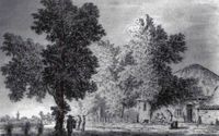 Tekening van P.J. Liender in 1765 met rechts herberg De Laeste Stuyver en een zandige Beusichemseweg.