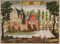 Gezicht vanuit het zuiden op kasteel Rhijnauwen, met gracht en brug, te Bunnik (licht ingekleurd) in de periode 1697 - 1702. Naar een tekening van Cornelis Specht en Jan Vianen. Bron: Regionaal Archief Zuid-Utrecht (RAZU), 084, 57408, 55.