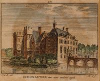 Gezicht op kasteel Schonauwen in de periode 1740-1750. Naar een tekening van H. Spilman naar J. de Beijer (1). Bron: Regionaal Archief Zuid-Utrecht (RAZU), 35, 41993, 125.