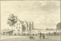 Gezicht op het middeleeuwse huis Nieuw-Amelisweerd tussen Utrecht en Bunnik in 1672. Bron: Het Utrechts Archief, catalogusnummer: 201061.