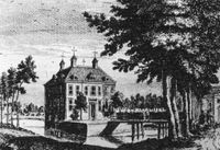 In 1779 doet het voorname Huis Hardenbroek in niets meer herinneren aan een middeleeuwse ridderhofstede. Tekening van Jan de Beijer. Bron: Het Utrechts Archief, Topografische Atlas.