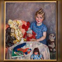 Portret van Dorothea (Dorothy) Heijmeijer van Heemstede (1939-) , Jeugdportret van Dorothy Beynes-Heijmeijer van Heemstede, Meisje met speelgoedbeesten en pop. Bron: Nederlands Instituut voor Kunstgeschiedenis, Den Haag.