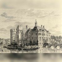 Gezicht op het omgrachte kasteel Schonauwen bij Houten uit het oosten, met de brug naar de voorburcht in 1745-1755. Bron: Het Utrechts Archief, catalogusnummer: 107466.
