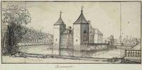 Gezicht op het kasteel Beverweerd bij Werkhoven uit het zuidwesten, met rechtsachter de voorburcht en op de voorgrond de smalle dam die de scheiding vormde tussen de slotgracht en de Kromme Rijn in 1660-1670. Bron: Het Utrechts Archief, catalogusnummer: 135434.