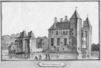 Gezicht op het kasteel Beverweerd bij Werkhoven met links de voorburcht, uit het westen in 1700 - 1750. Bron: Het Utrechts Archief, catalogusnummer: 201096.