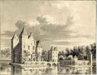Gezicht op het kasteel Beverweerd bij Werkhoven met rechts de voorburcht, uit het zuiden in 1725-1775. Bron: Het Utrechts Archief, catalogusnummer: 201097 .