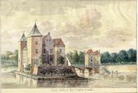 Gezicht op het kasteel Beverweerd bij Werkhoven met rechts een gedeelte van de voorburcht, uit het zuiden in 1725-1775. Bron: Het Utrechts Archief, catalogusnummer: 201105.