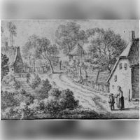 Gezicht op een weg in Abstede te Utrecht naar een tekening van Herman Saftleven uit 1650-1675. Bron: Het Utrechts Archief catalogusnummer: 35129.