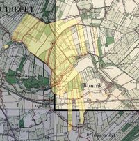 De gronden in geel gearceerd met rode lijnen in eigendom van Jhr. Jan Carel Wendel Strick van Linschoten op een Militaire Topografisch Historische achtergrondkaart geprojecteerd. Gronden bekend bij het kadaster op 1 oktober 1832. Bron: HISGIS Utrecht.