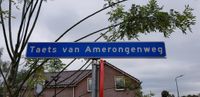 Straatnaambord 'Taets van Amerongenweg' in het dorp Renswoude achter het kasteelterrein in september 2020. Foto: Sander van Scherpenzeel.